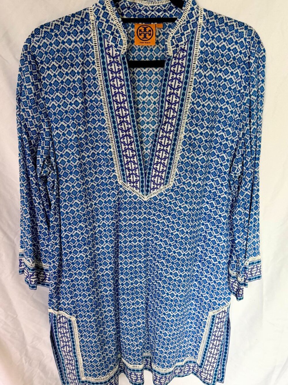 Tory Burch Blue Printed Tunic Top Size Large NWOT Boho Tile Print 3/4 Sleeve